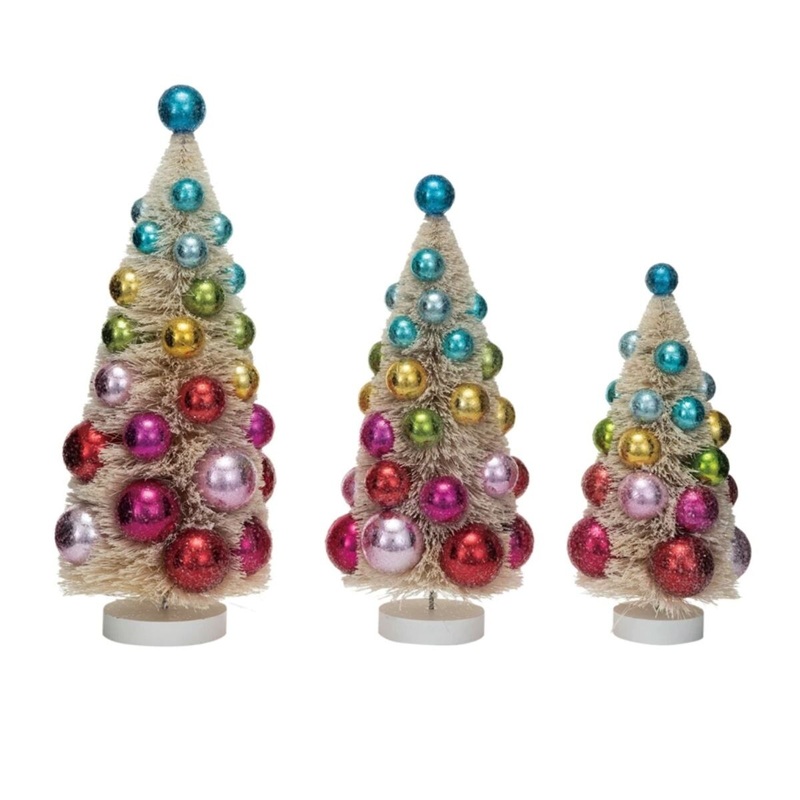 Sisal Bottle Brush Tree w/ Ornaments & Wood Base (set of 3)