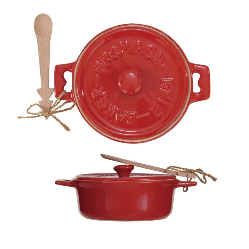 Stoneware Brie Baker w/Wood Tree Shaped Spoon Red (set of 2)