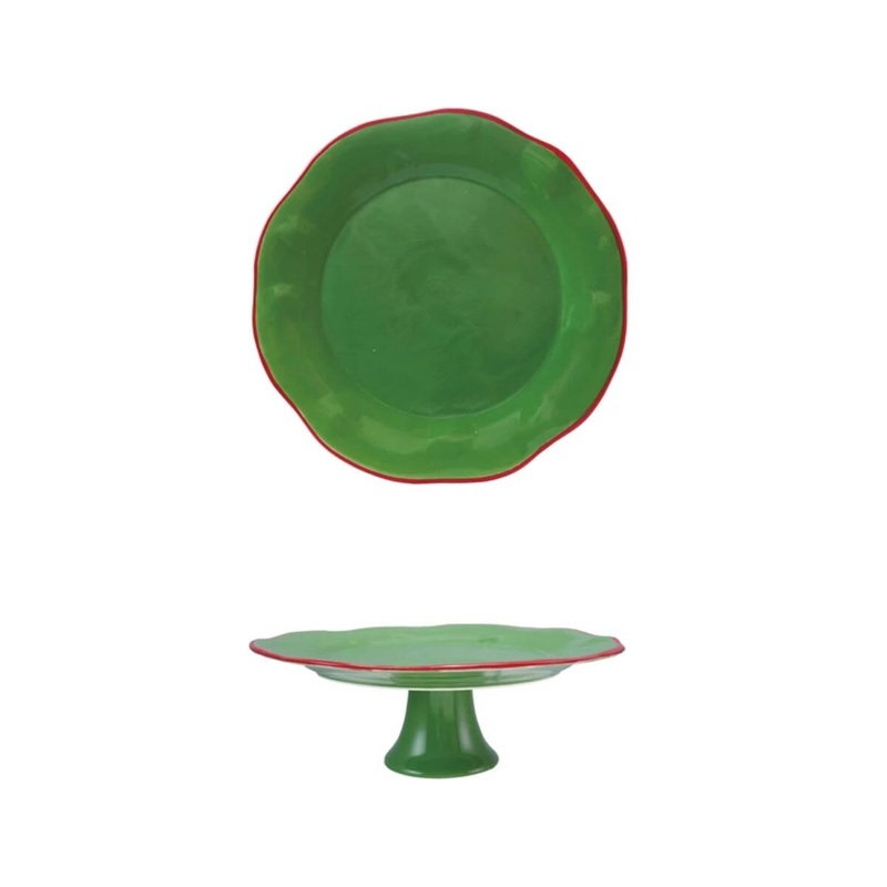 Stoneware Scalloped Pedestal with Red Rim