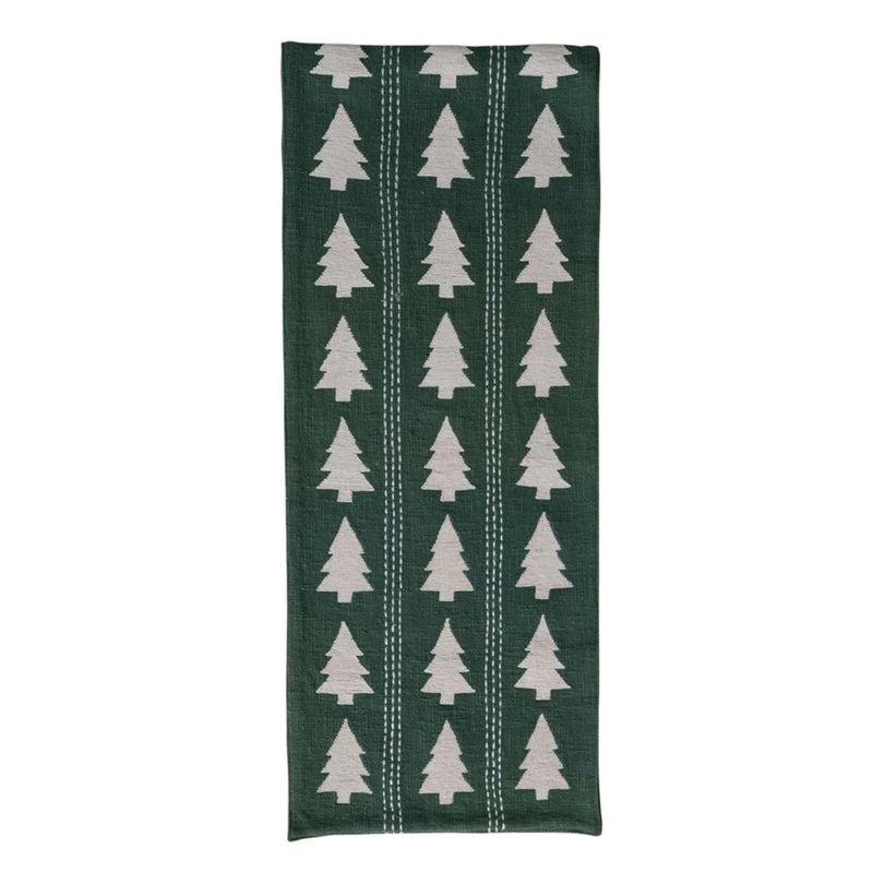 Table Runner with Trees Pattern Embroidery & Stitching Green & Natural
