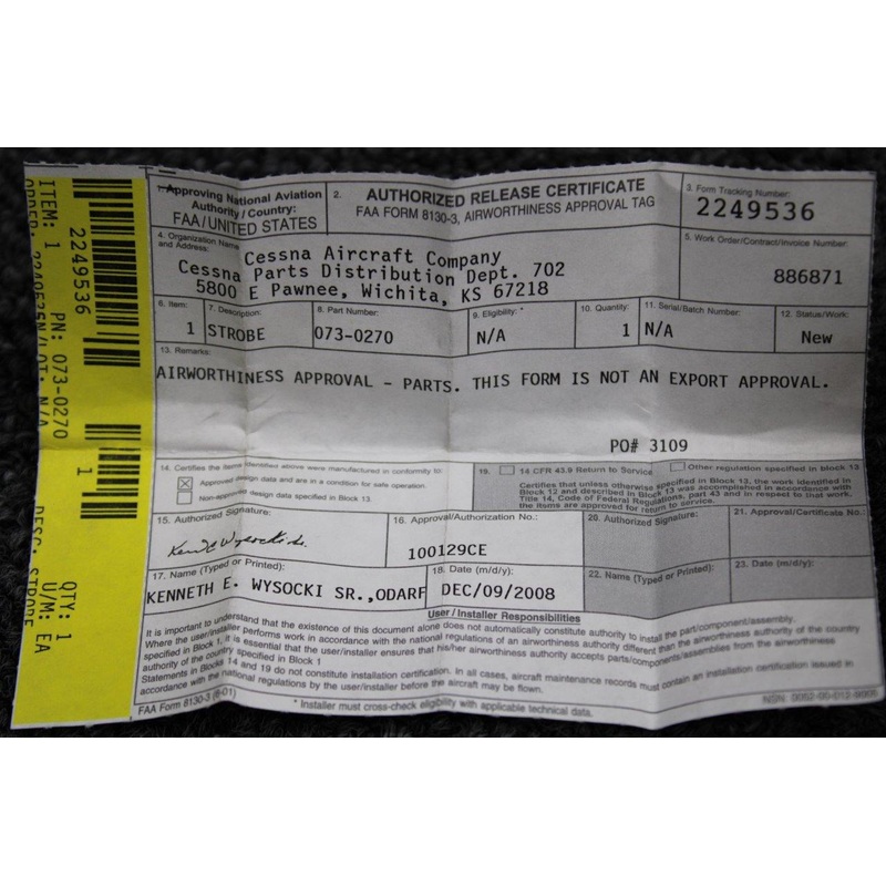 073-0270 Aeroflash Strobe Tube Assembly W/ 8130-3 (NEW OLD STOCK) (SA)